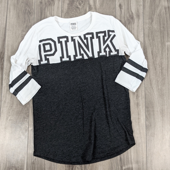 PINK Victoria's Secret Tops - VS Pink White Gray Baseball Tee Logo Sz Small